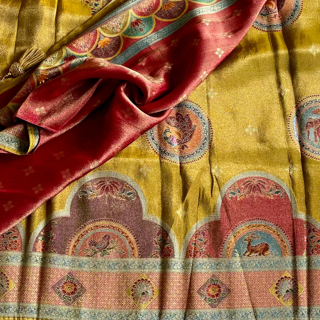 Mustard Yellow Dusty Rose Soft Tissue Silk Saree With Brocade Border