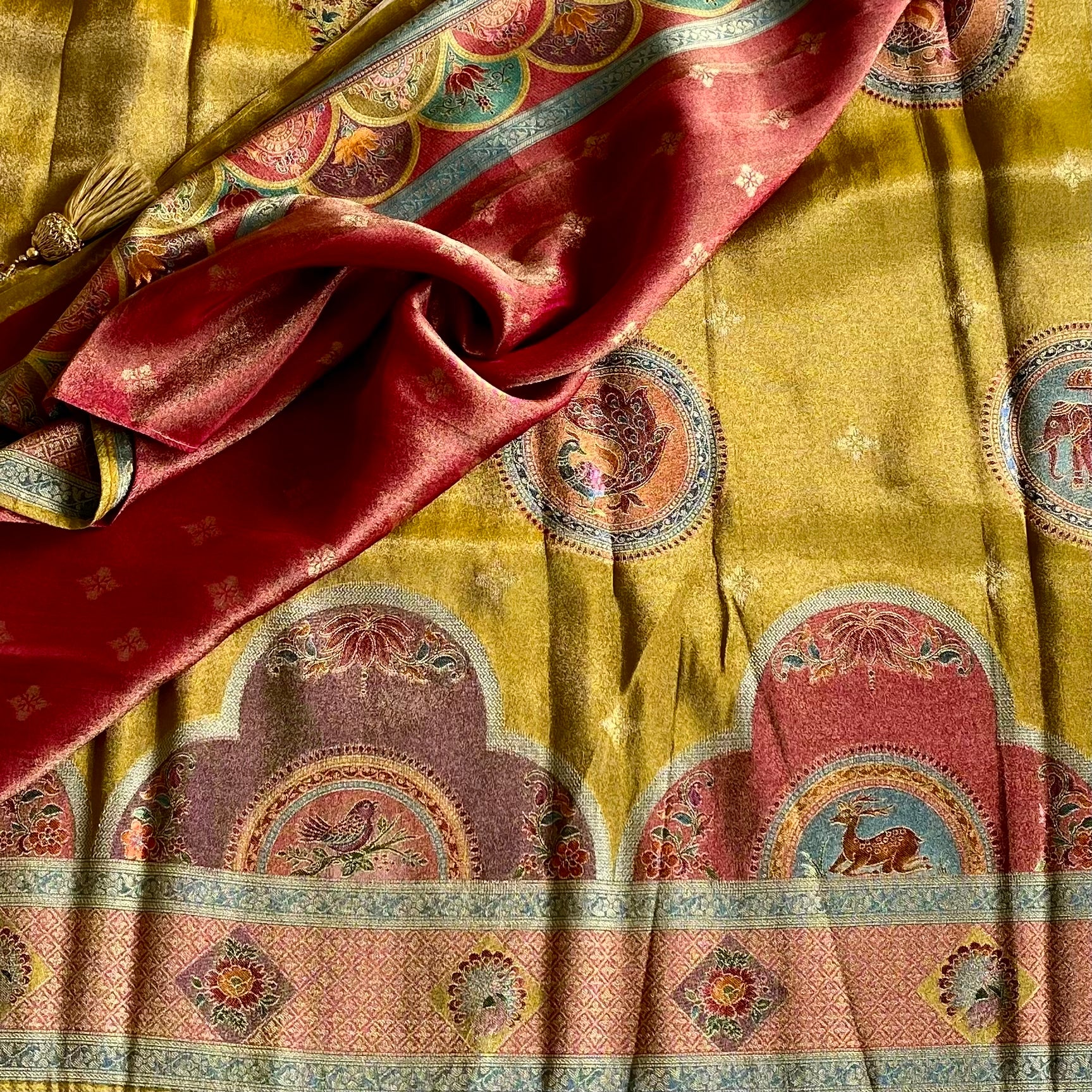 Mustard Yellow Dusty Rose Soft Tissue Silk Saree With Brocade Border