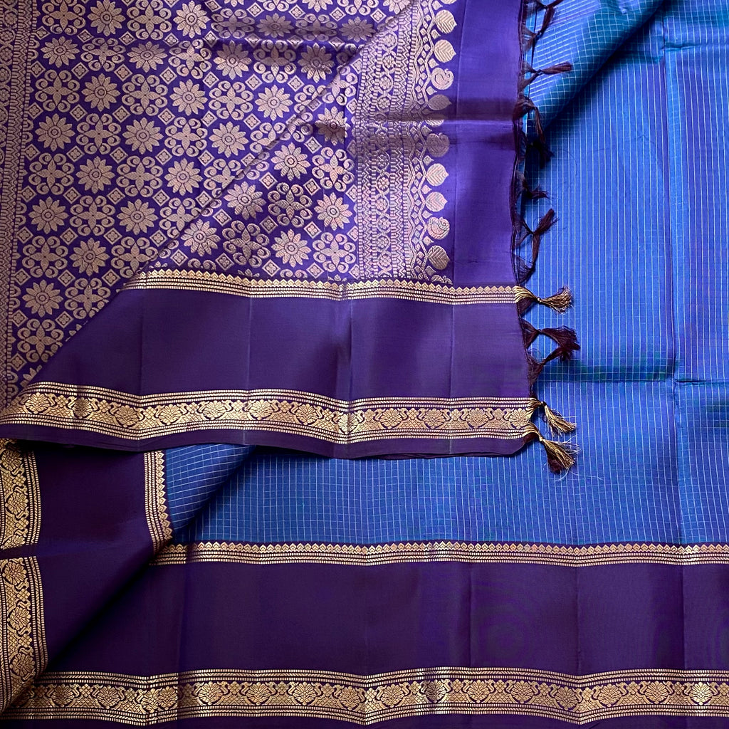 Royal Purple Silk Saree Gold Zari Floral Teal Pallu Wedding