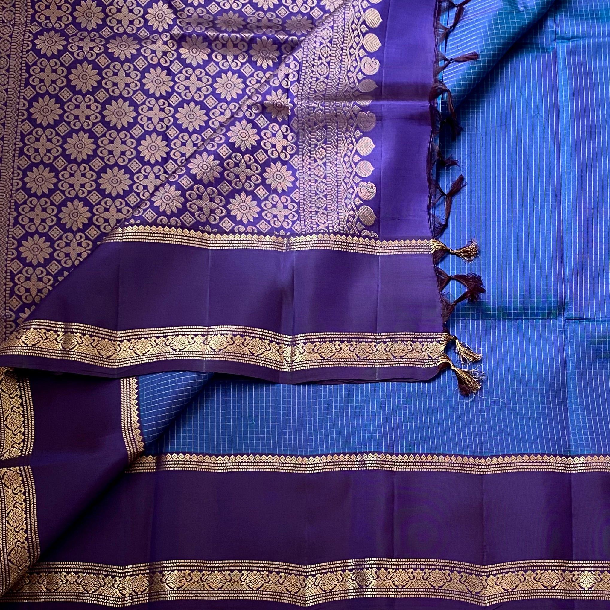Royal Purple Silk Saree Gold Zari Floral Teal Pallu Wedding