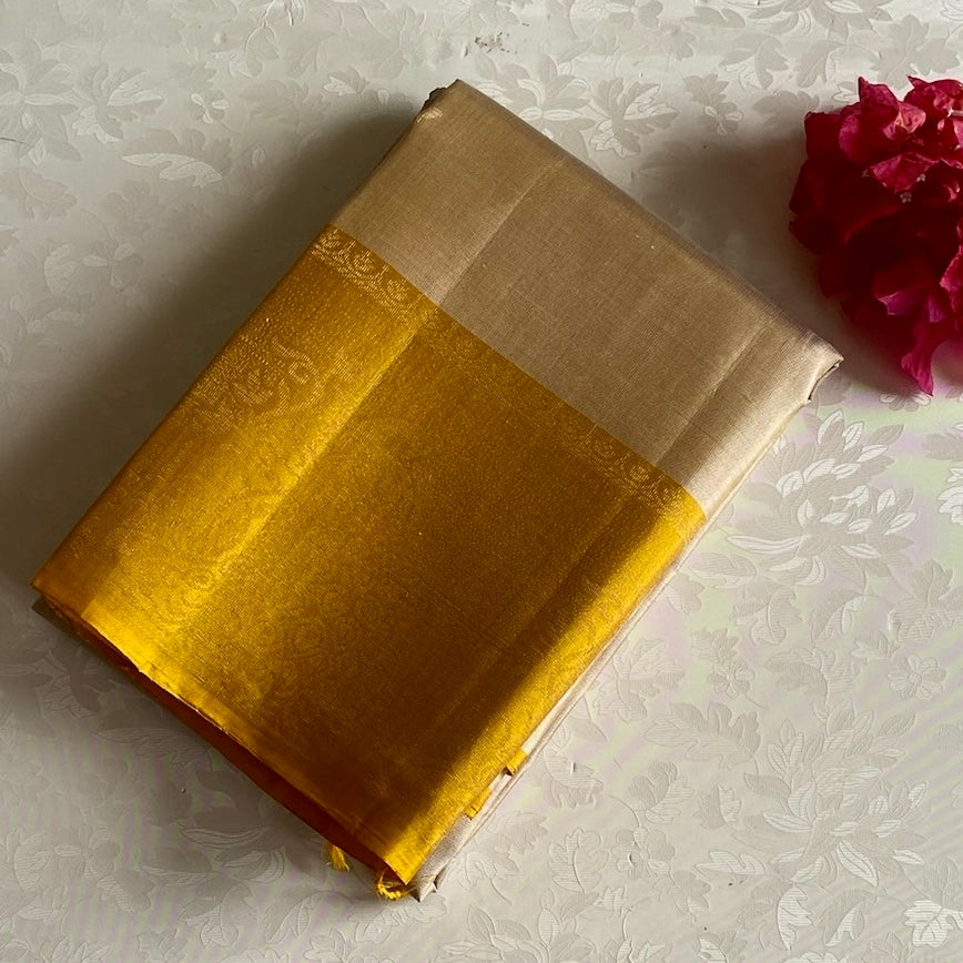 Champagne Beige Designer Pure Silk Saree With Golden Yellow Contrast
