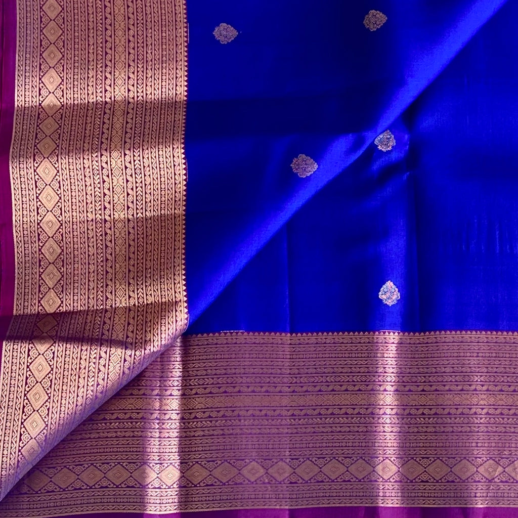 Royal Blue Designer Pure Silk Saree With Magenta Pallu Gold Zari Border
