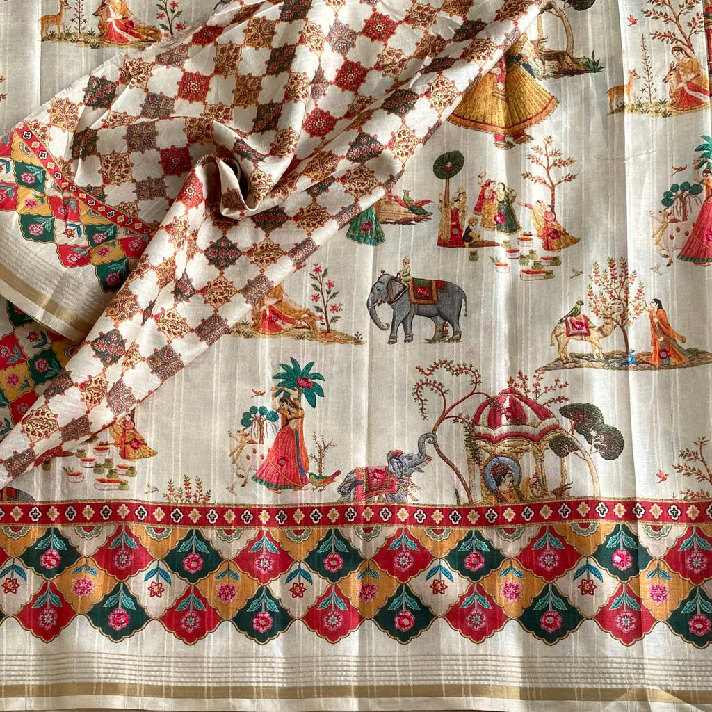 Ivory Designer Soft Printed Tussar Saree Mustard Yellow & Mirror Work