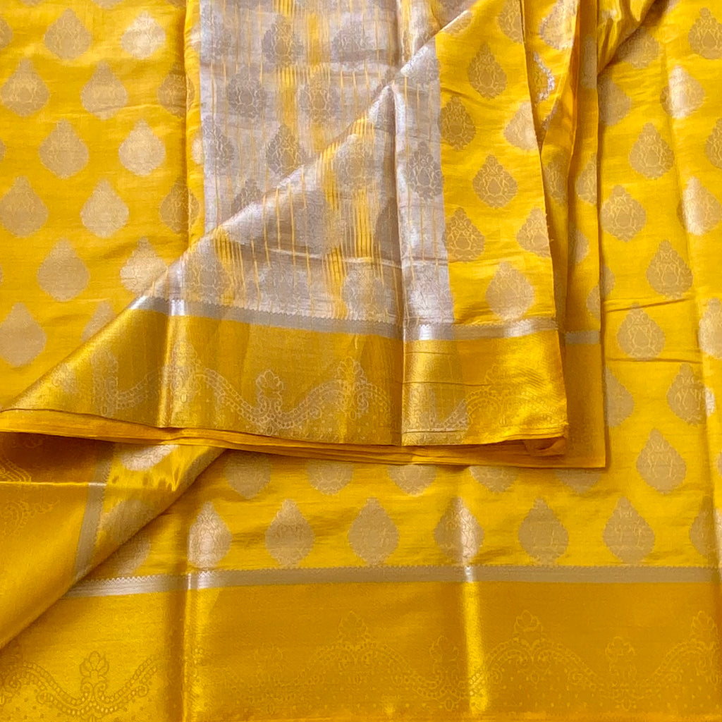 Golden mustard soft blended silk work antique silver motifs all over