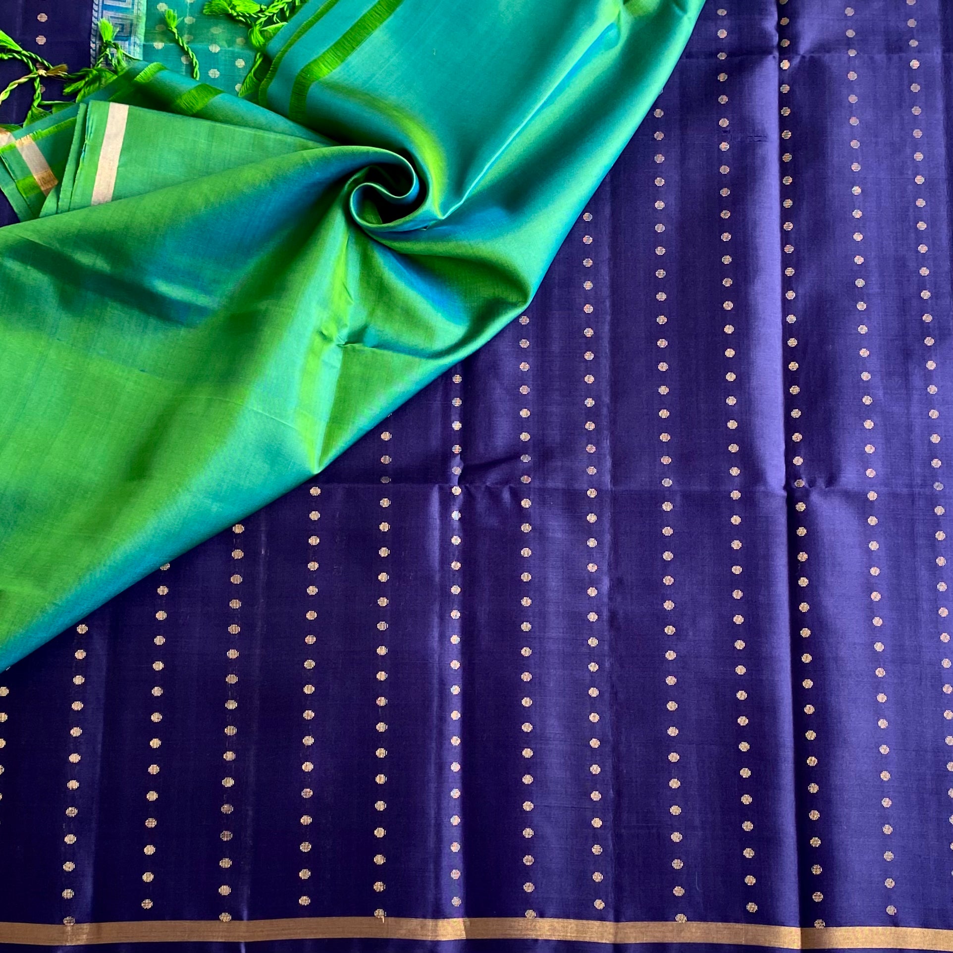 Midnight Blue Designer Pure Silk Saree With Turquoise Green Pallu