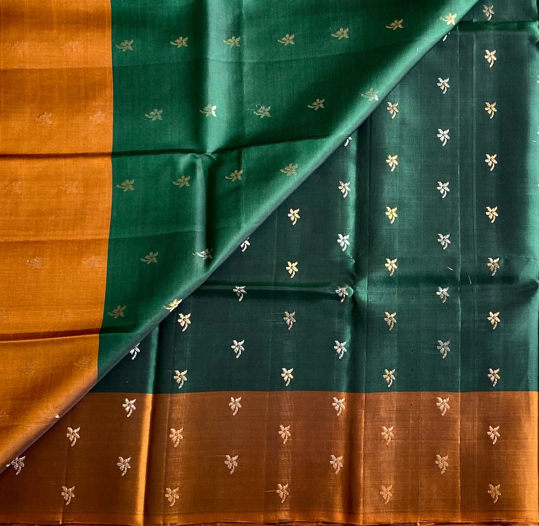 Emerald Green Silk Saree Rust mix Copper Pallu Antique Gold Woven Buti