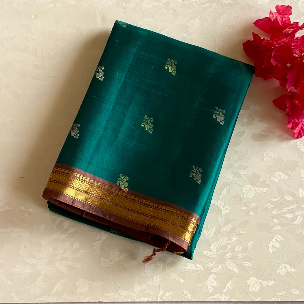 Teal Silk Saree with Burgundy Gold Zari Pallu and Border