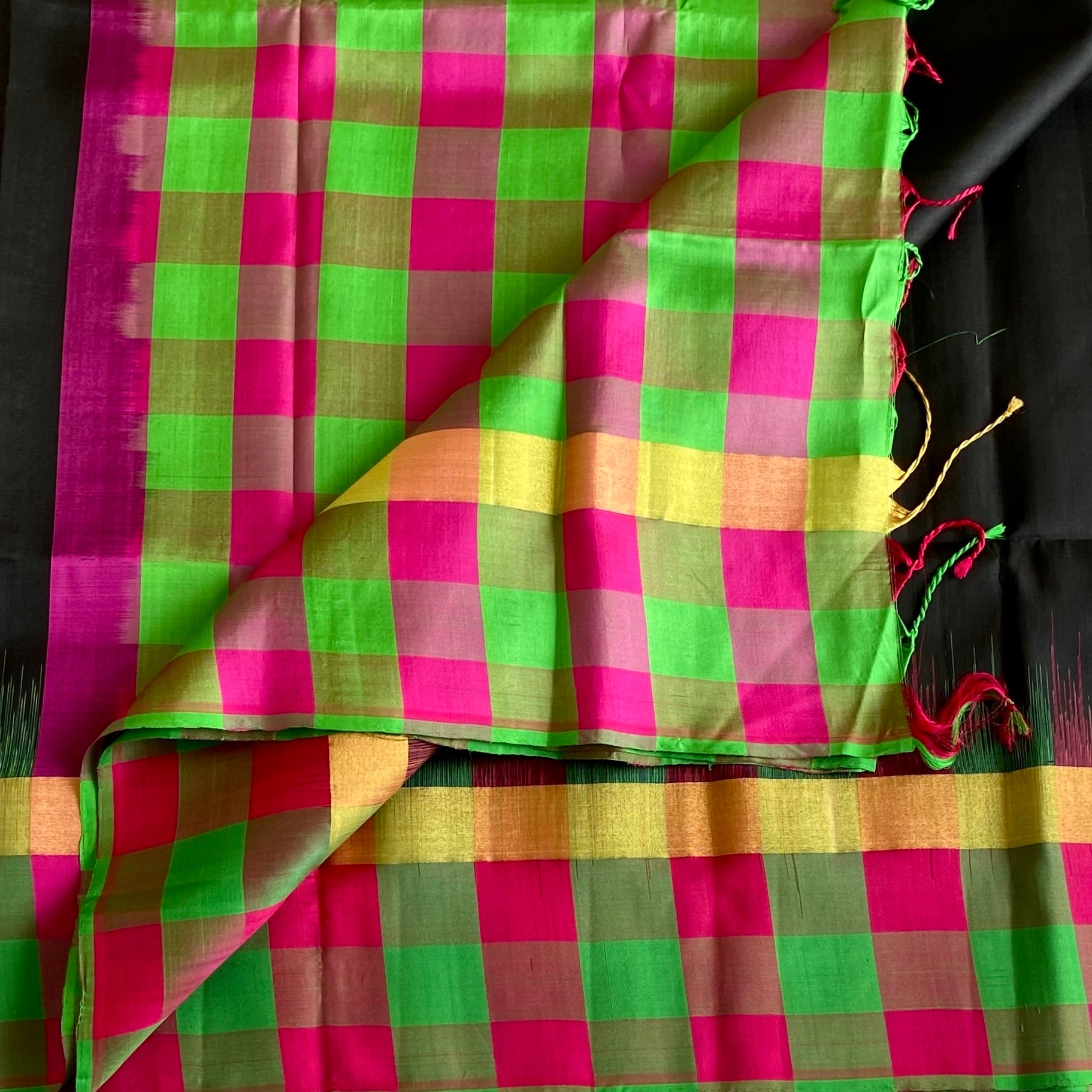 Jet Black Designer Pure Silk Saree With Rare Multicoloured borders