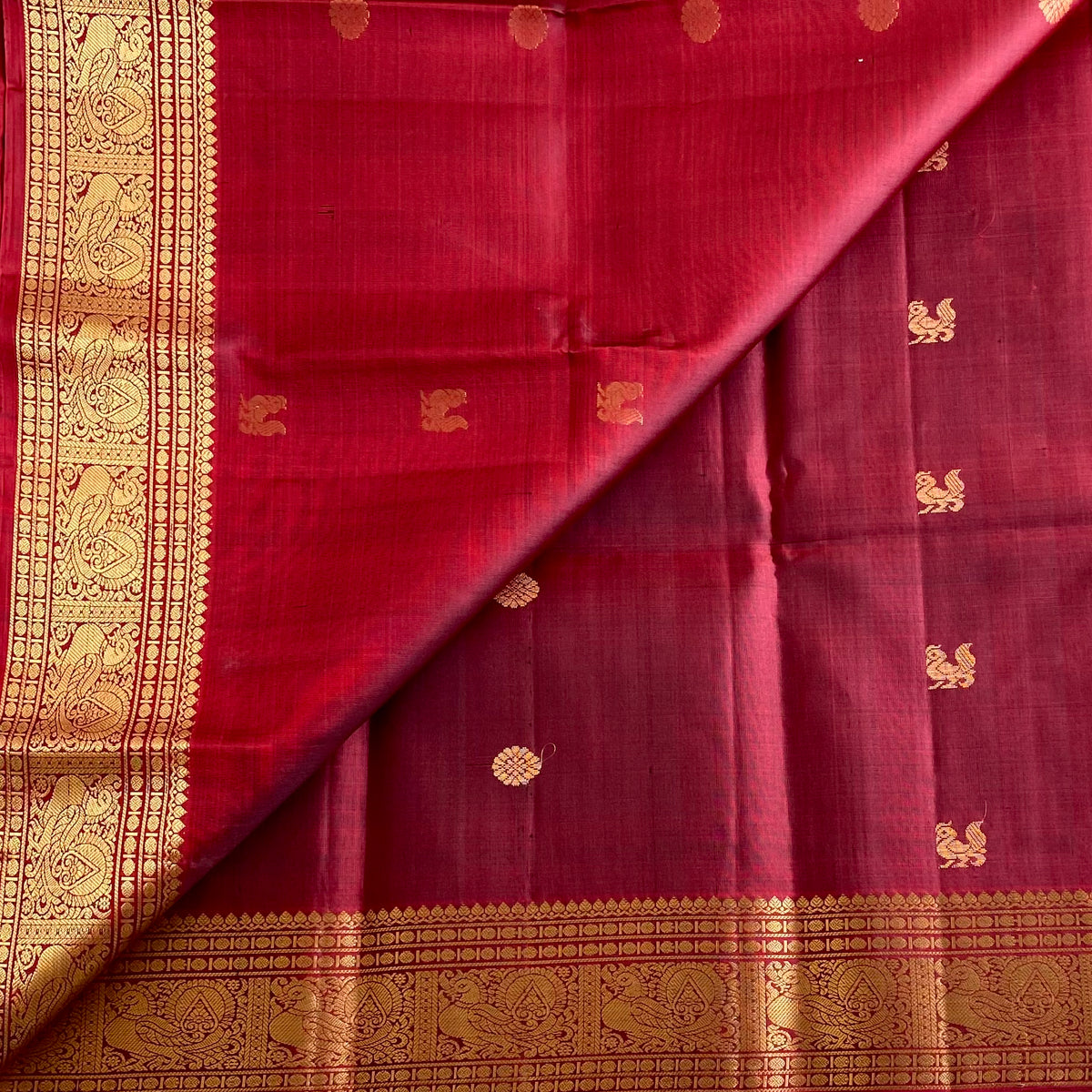 Dual Shaded Rust Maroon Antique Gold Designer Pure Silk Saree With Paisley Pallu