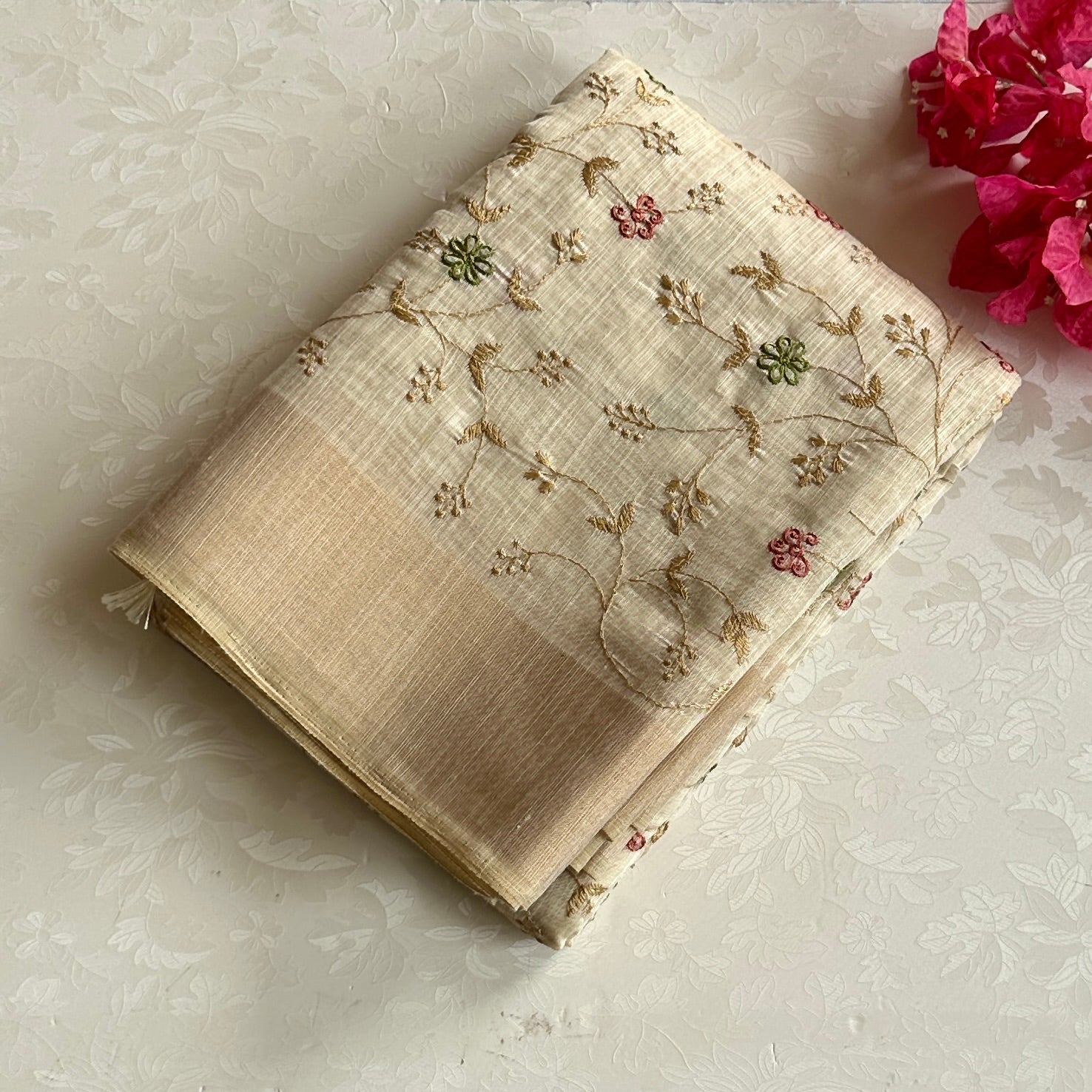 Sheer Ivory Beige Embroidered Floral Saree With Gold Woven Border