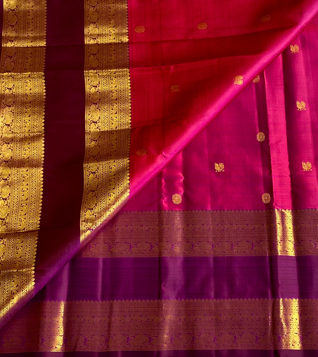 Magenta Plum Silk Saree Gold Brocade Floral Buta Woven Border