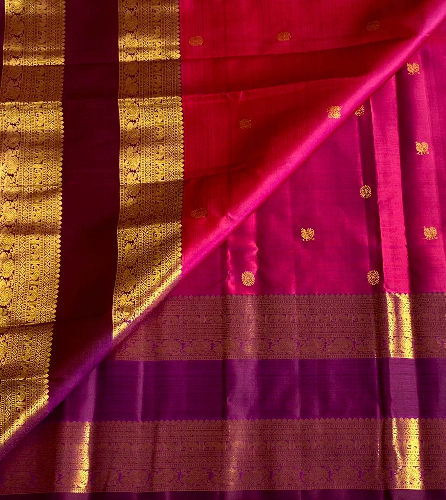 Magenta Plum Silk Saree Gold Brocade Floral Buta Woven Border