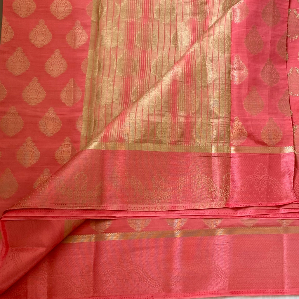 Coral Pink Silk Saree With Gold Zari Pallu And Paisley Border