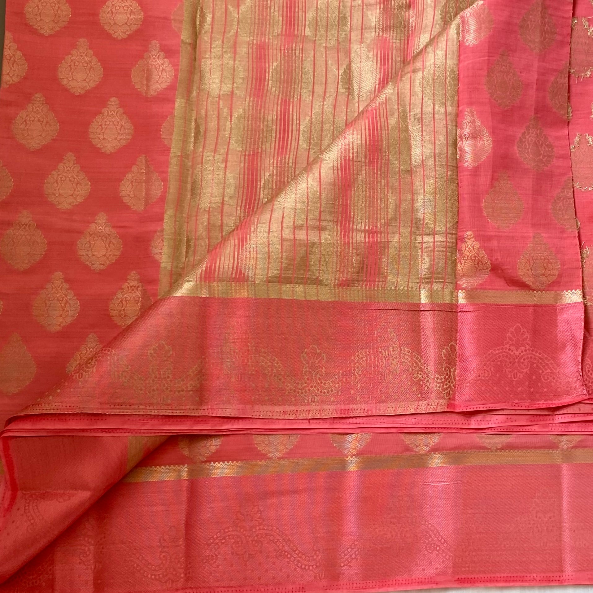 Coral Pink Silk Saree With Gold Zari Pallu And Paisley Border