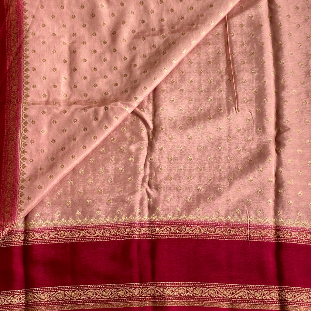 Blush Beige with Maroon Banarasi Crepe Silk Saree With Brocade Border