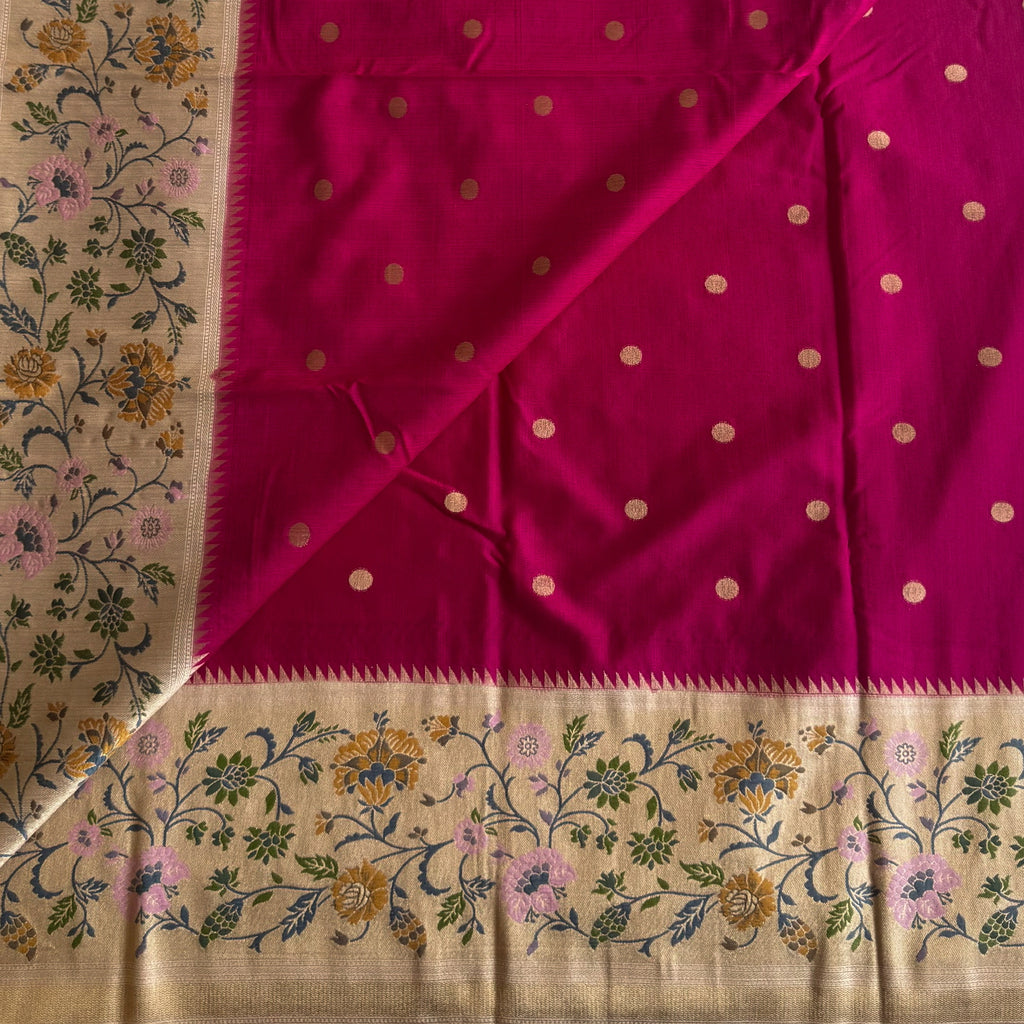 Magenta Stunner Meenakari Woven Pallu Floral Border Gold Polka Dreamy Drape