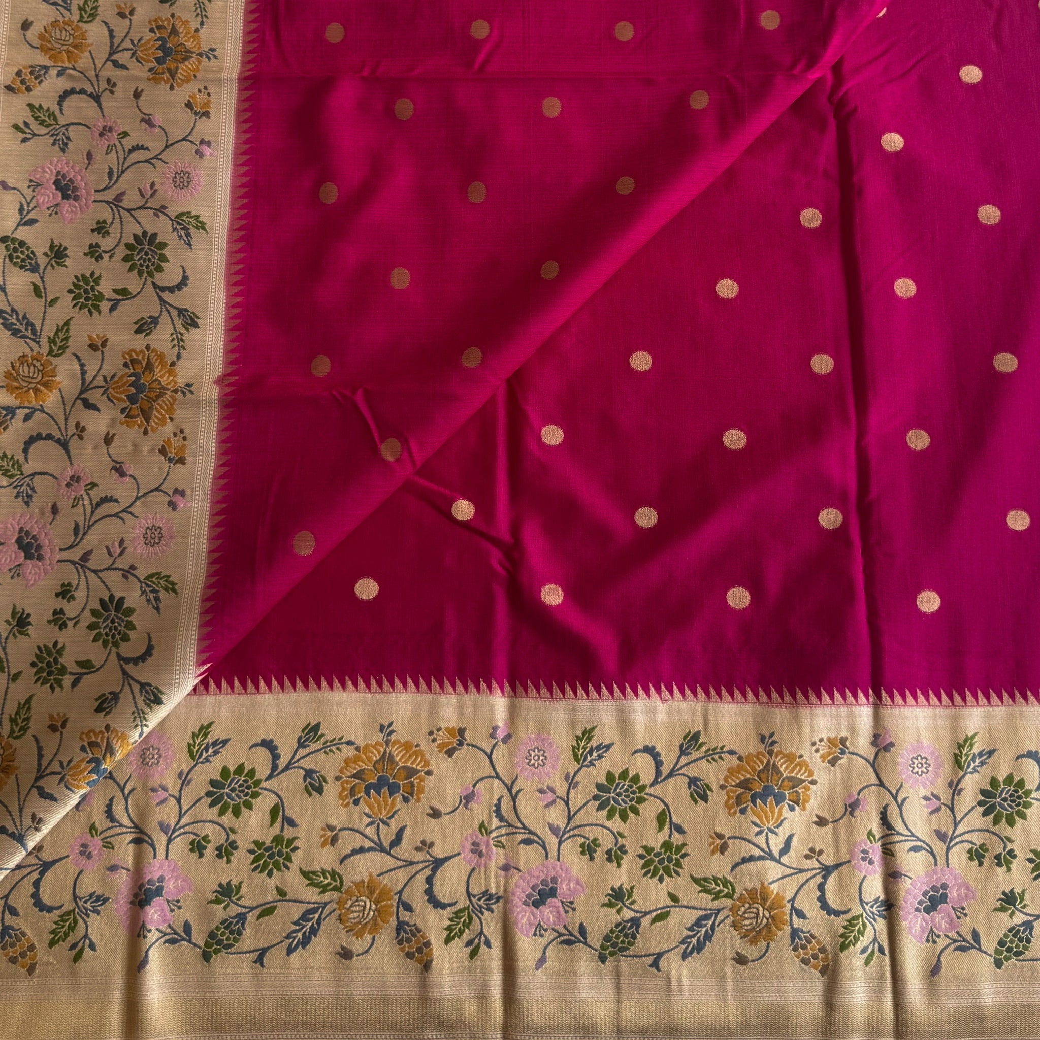 Magenta Stunner Meenakari Woven Pallu Floral Border Gold Polka Dreamy Drape