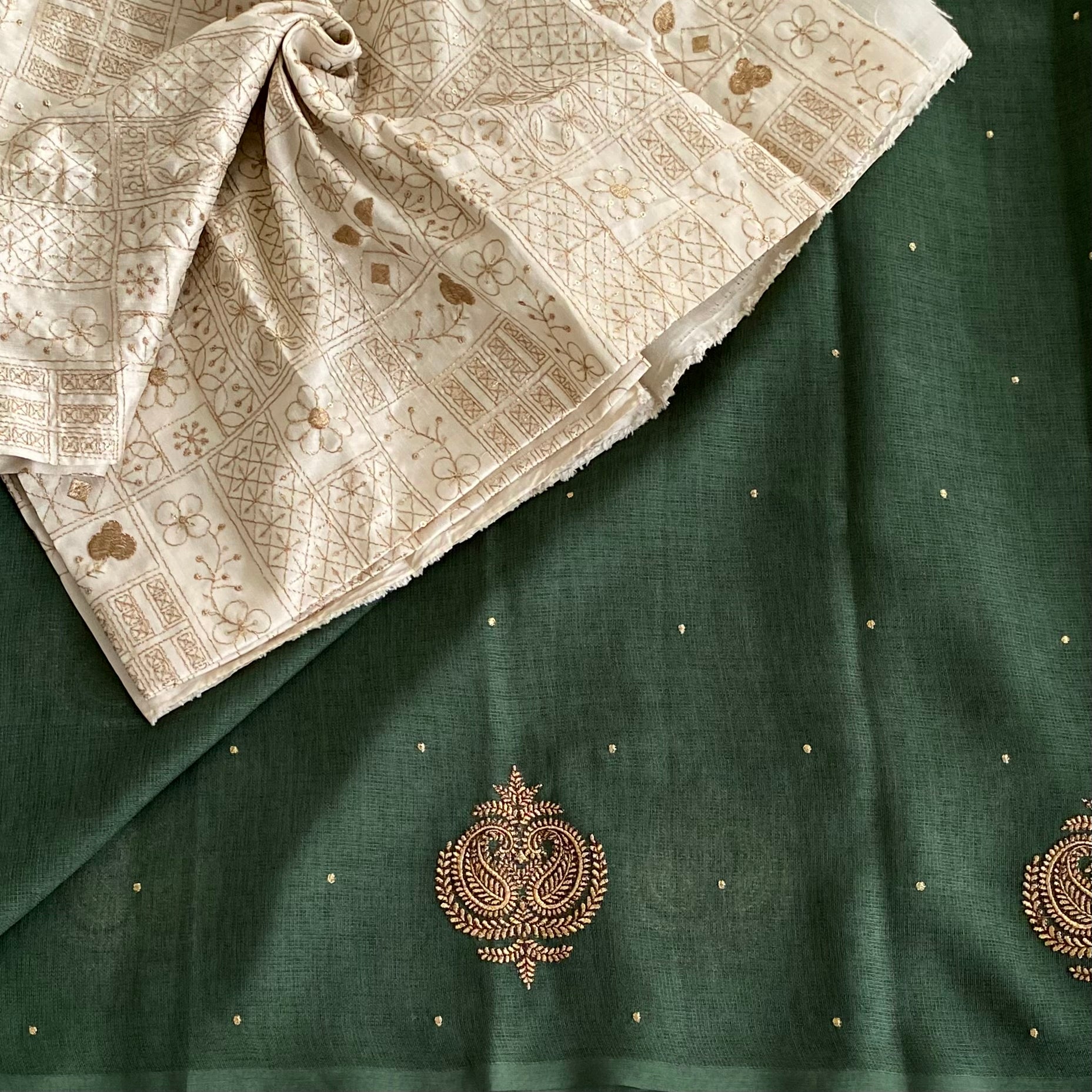 Forest Green Saree Gold Embroidery Paisley Tassel Festive Wear