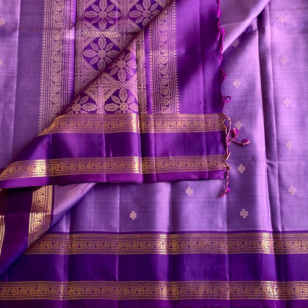 Amethyst Purple Designer Pure Silk Saree With Kollam Buttas and Antique Gold Accents