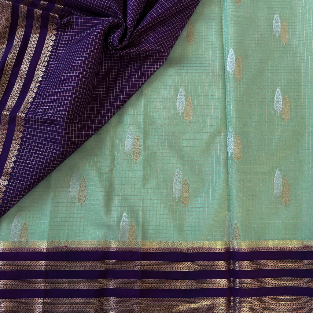 Pistachio Green Silk Saree Royal Purple Brocade Pallu Gold Border