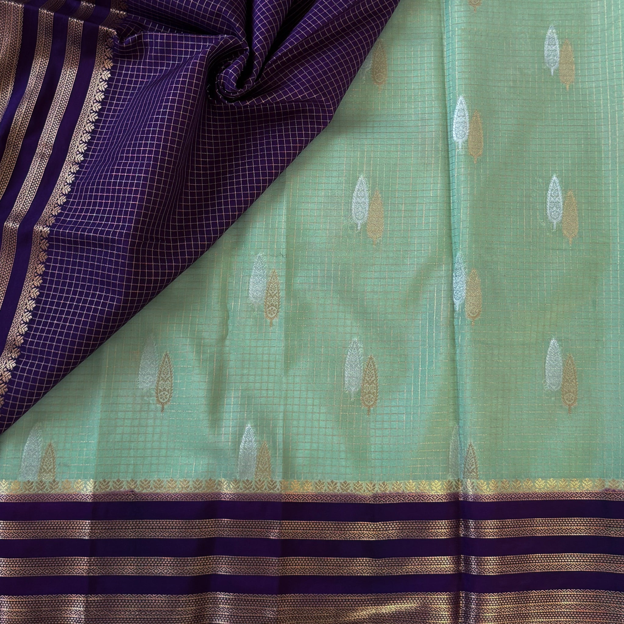 Pistachio Green Silk Saree Royal Purple Brocade Pallu Gold Border