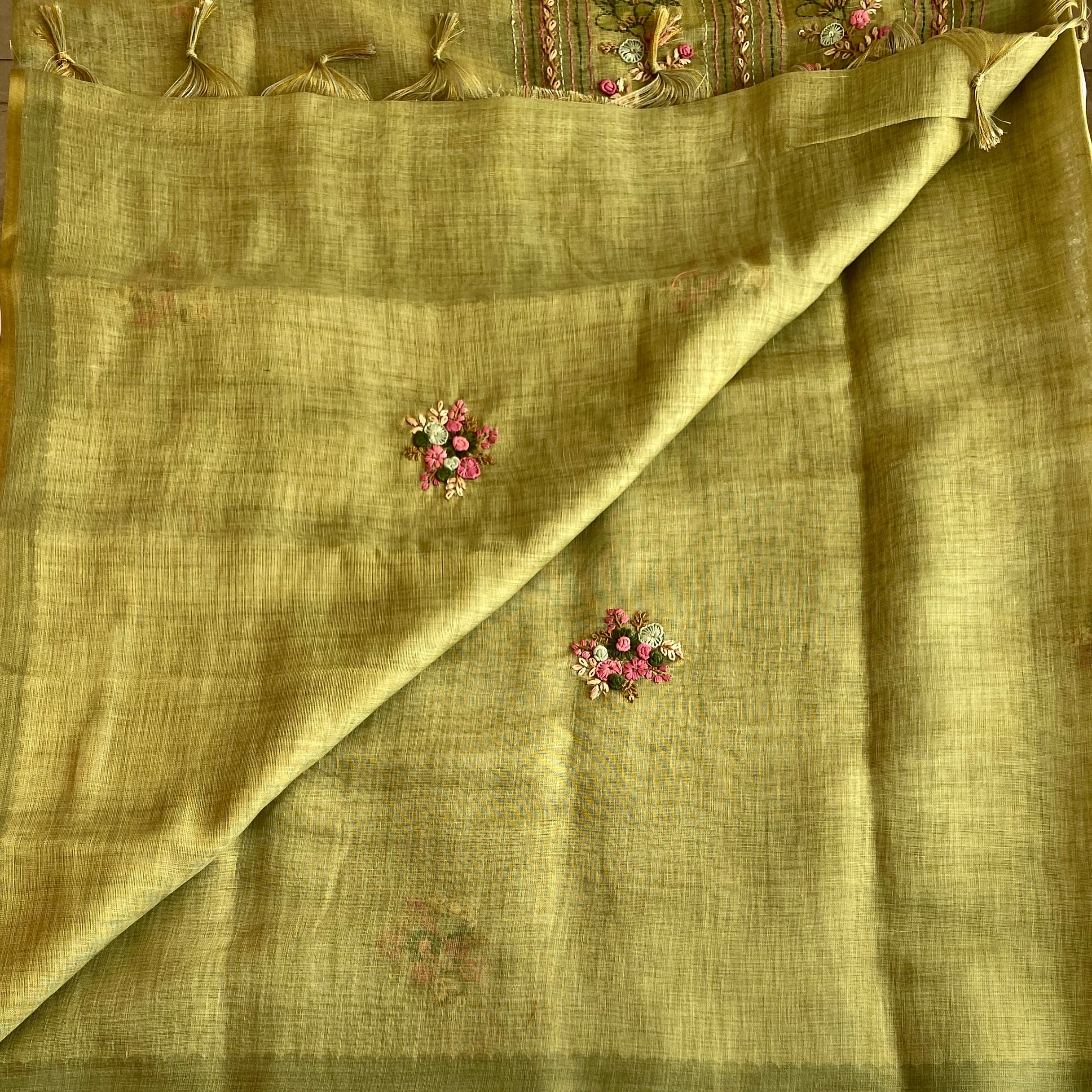 Sandy Beige Linen Saree Rose Pink Floral Embroidery Gold Zari