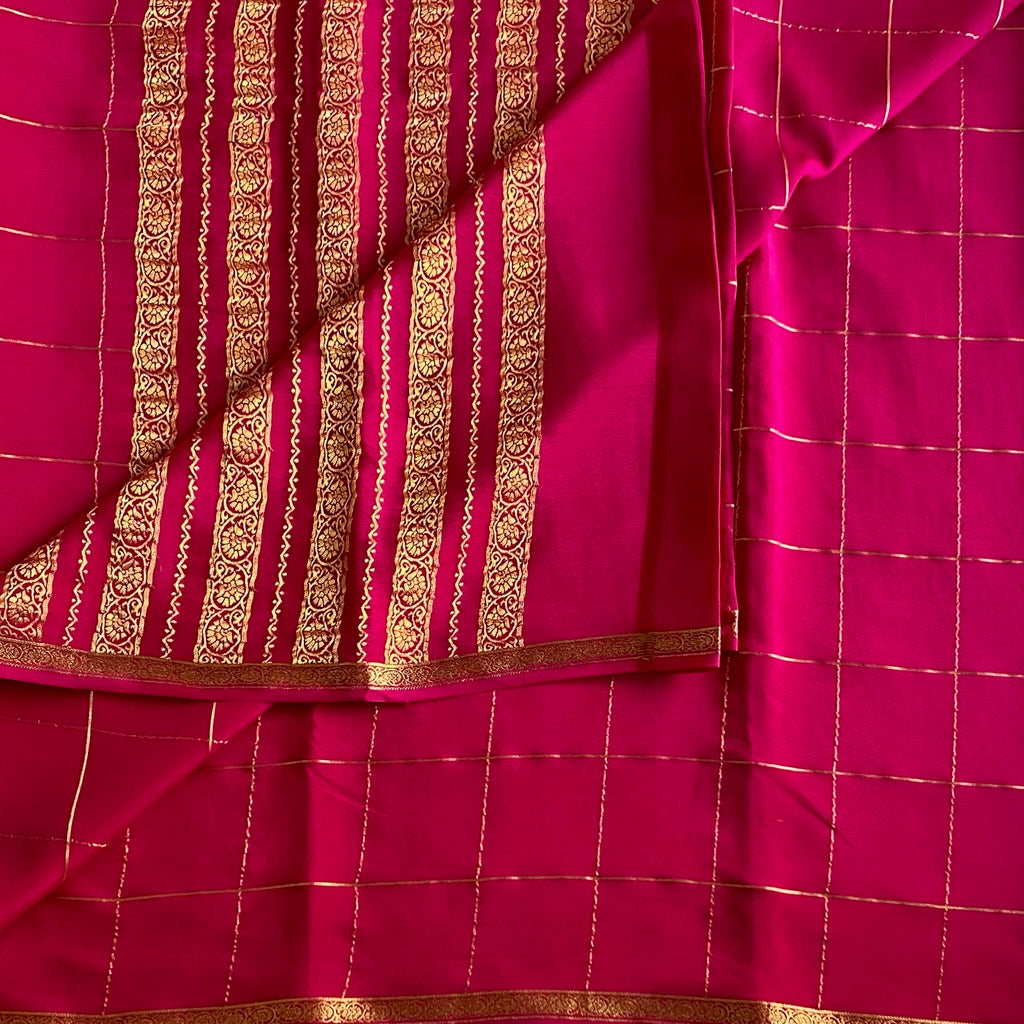Rani Pink Mysore Crepe Silk Saree With Metallic Gold Zari