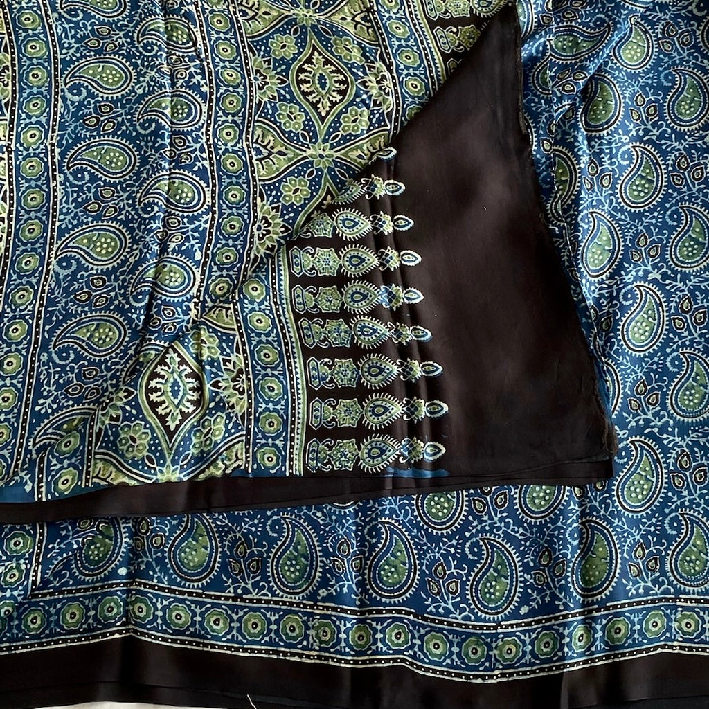 Deep Ocean Blue AJRAKH HANDBLOCK PRINTED SILK Saree With Olive Green Pallu