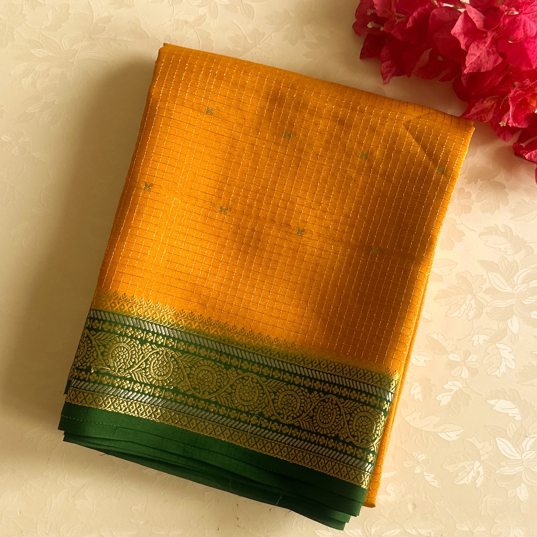 Mustard Yellow Saree With Gold Paisley Zari Border And Green Hem