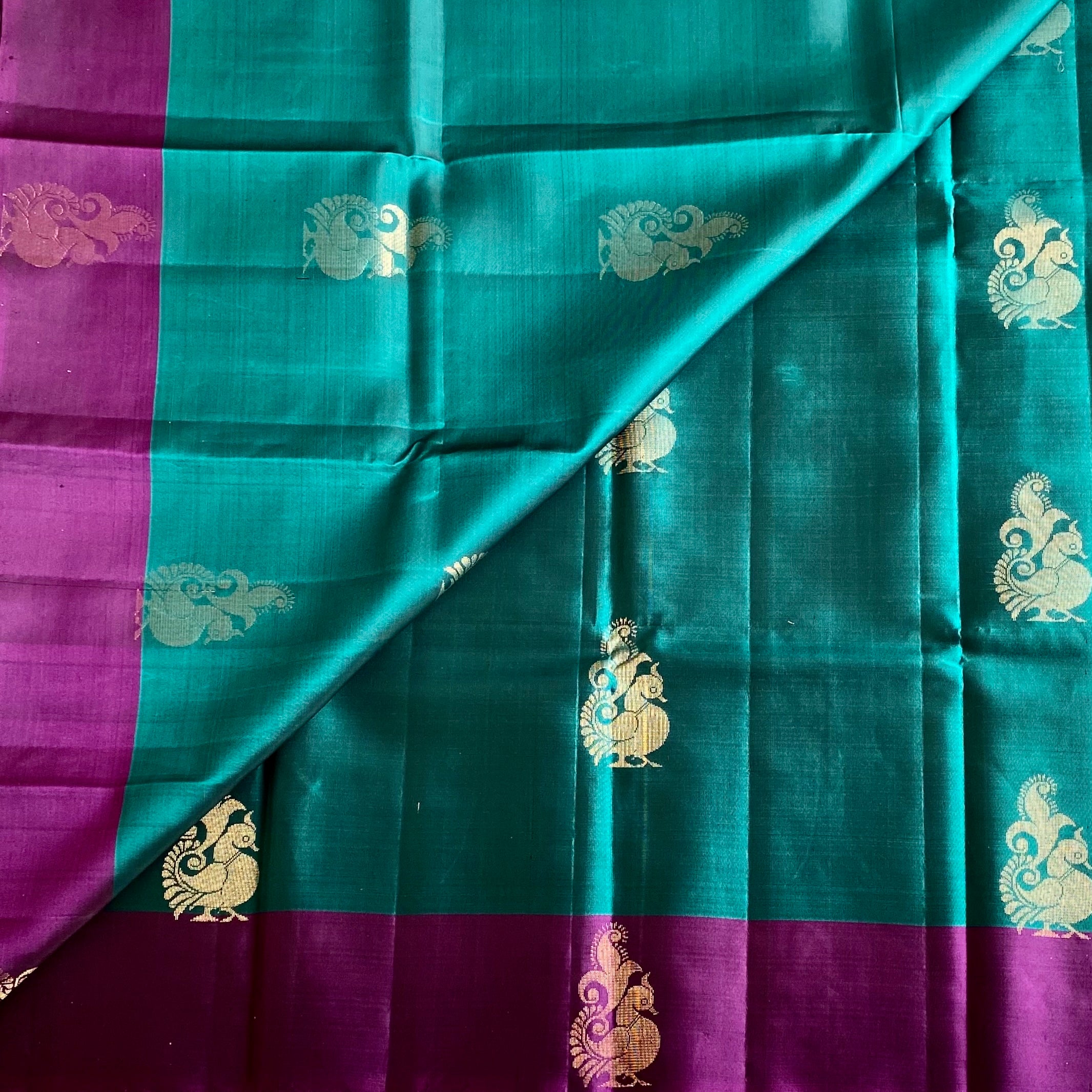 Teal Green Designer Pure Silk Saree With Royal Purple Pallu