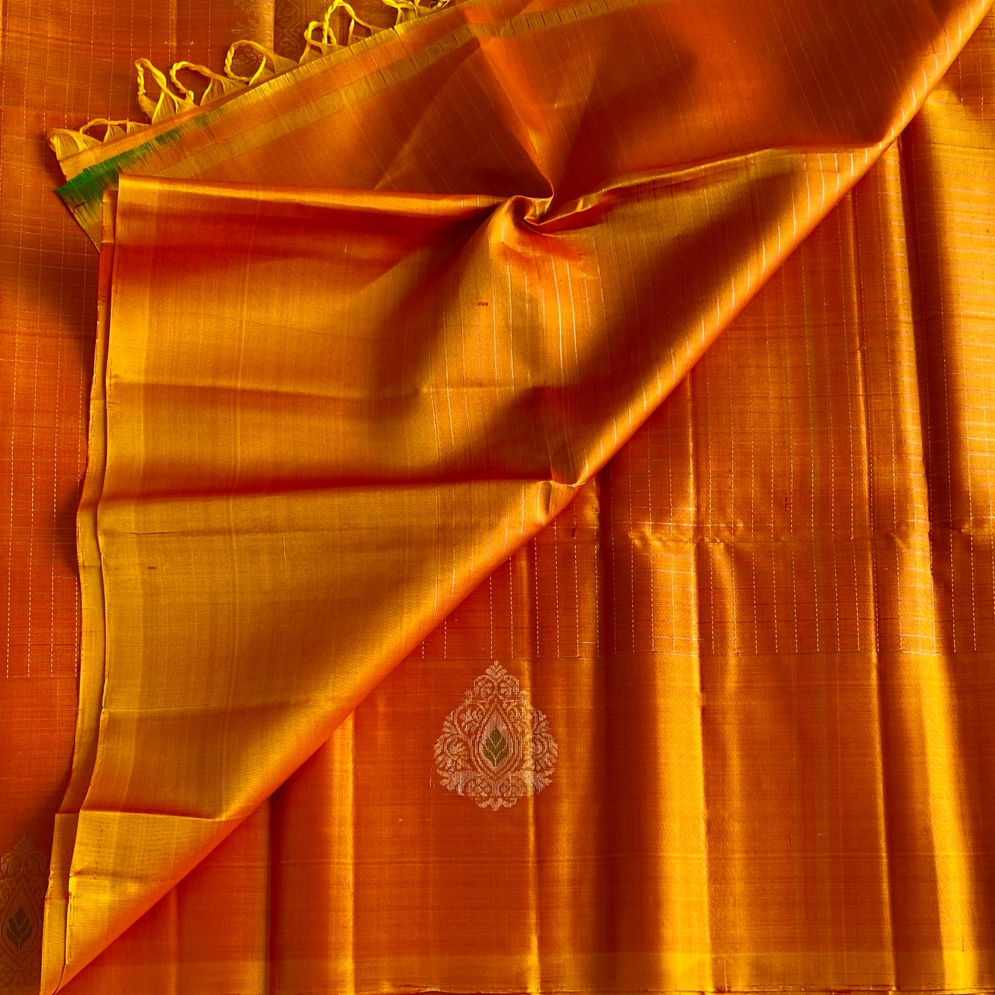 Sunset Orange Designer Pure Silk Saree With Checkered Pallu