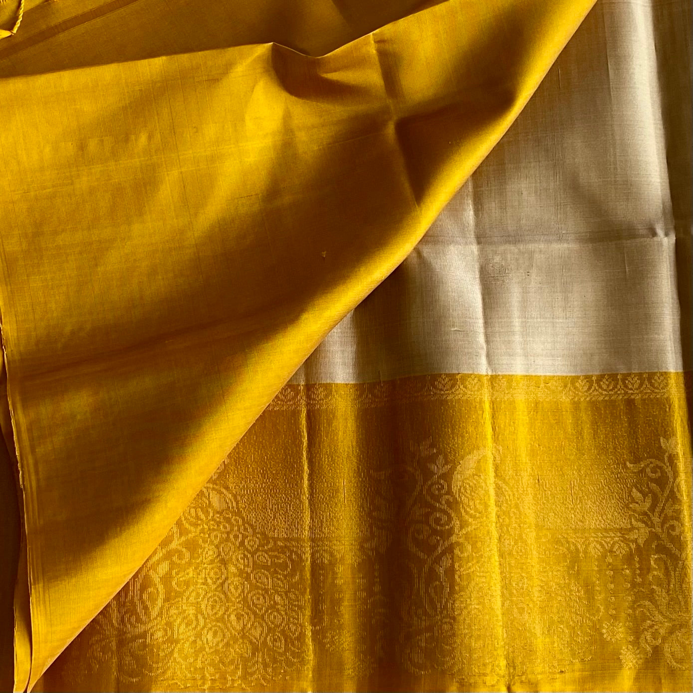 Champagne Beige Designer Pure Silk Saree With Golden Yellow Contrast
