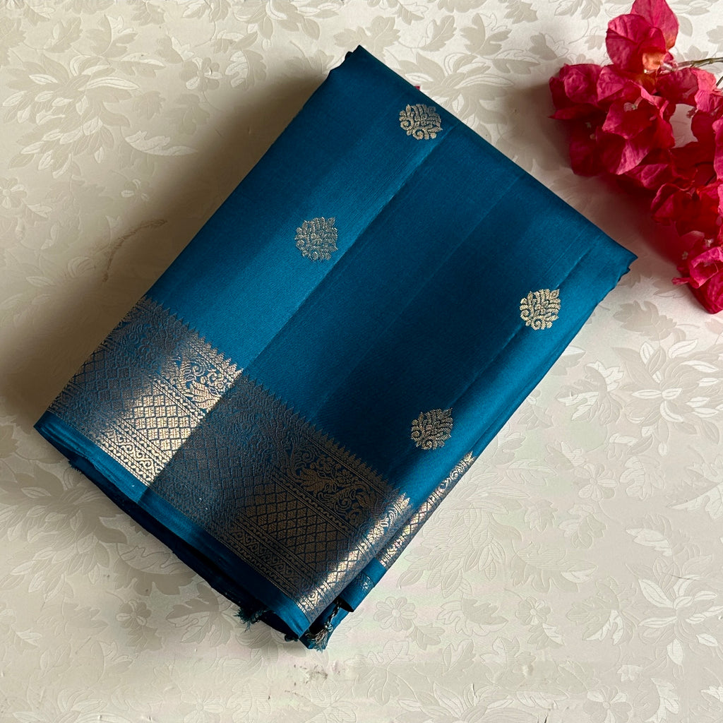 Teal Blue Designer Pure Silk Saree With Silver Brocade Pallu