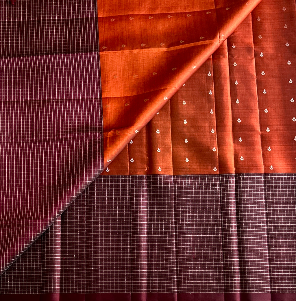 Burnt Orange Maroon Woven Saree Gold Buti Brocade Pallu Tassels