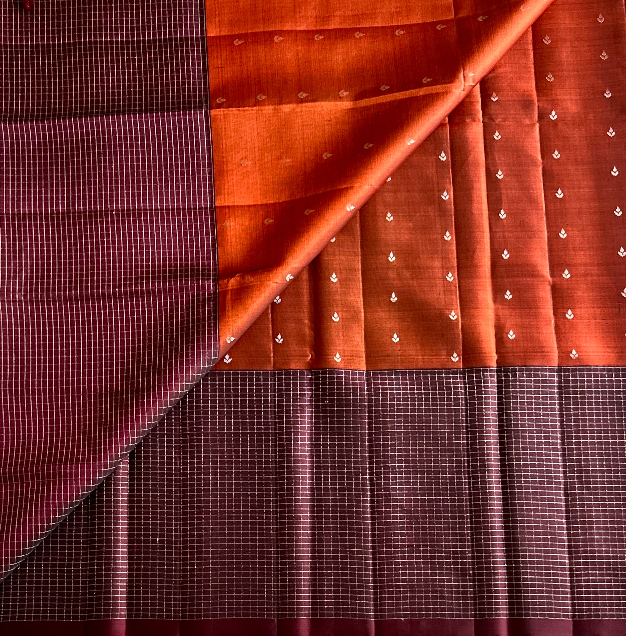 Burnt Orange Maroon Woven Saree Gold Buti Brocade Pallu Tassels