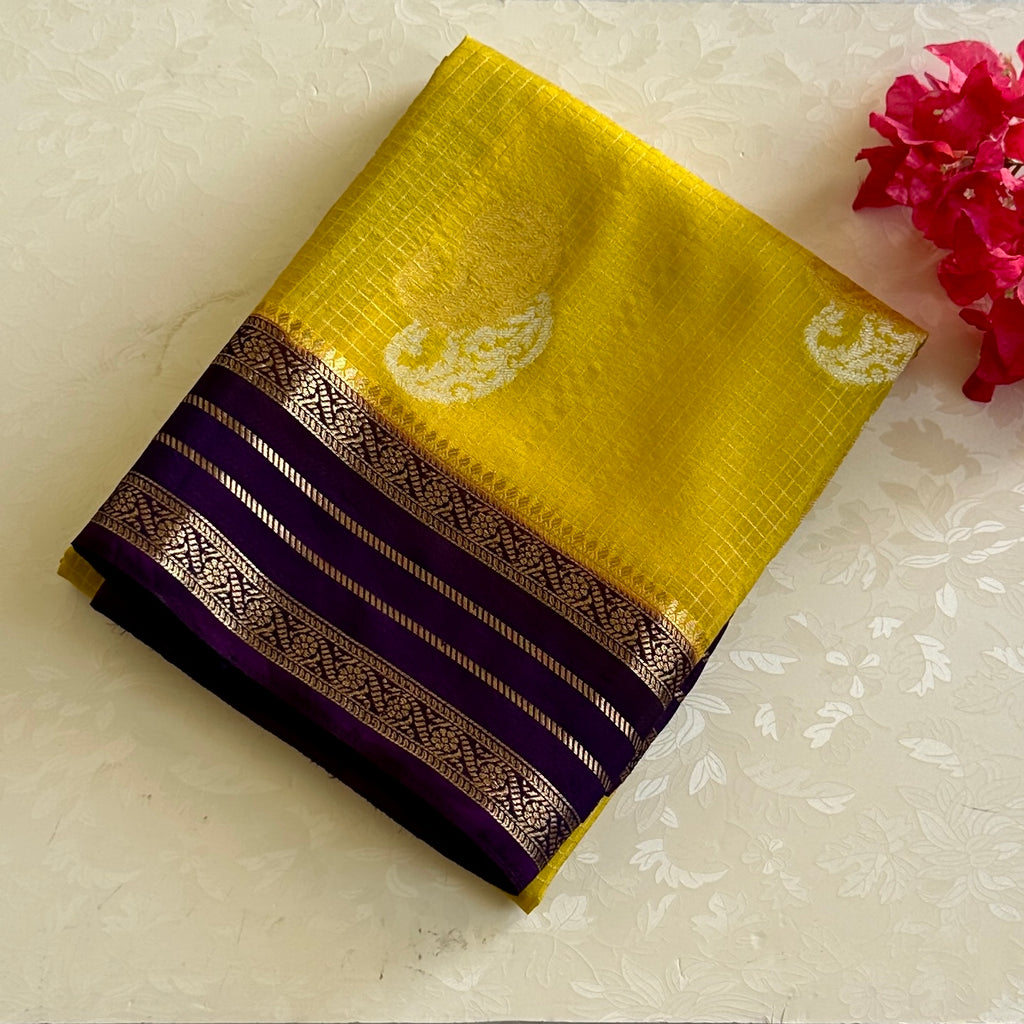 Elegant Mustard Yellow Saree With Contrasting Purple Gold Brocade Pallu