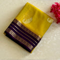 Elegant Mustard Yellow Saree With Contrasting Purple Gold Brocade Pallu