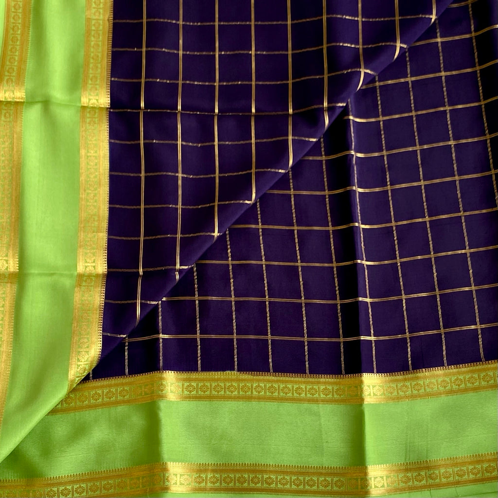 Midnight Navy Checkered Mysore Crepe Silk Saree With Lime Green Border