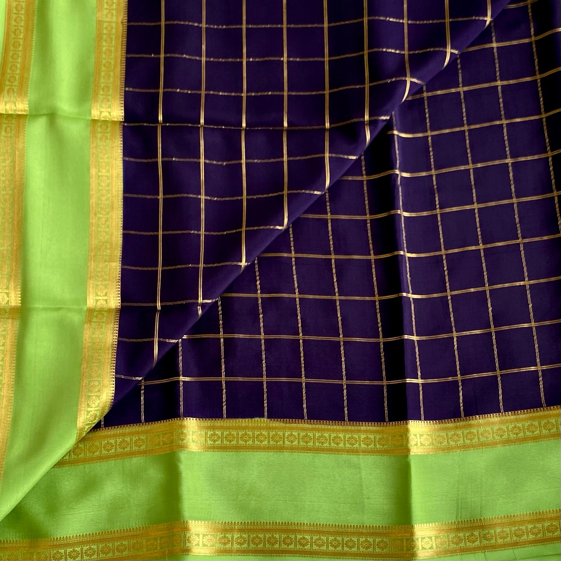 Midnight Navy Checkered Mysore Crepe Silk Saree With Lime Green Border