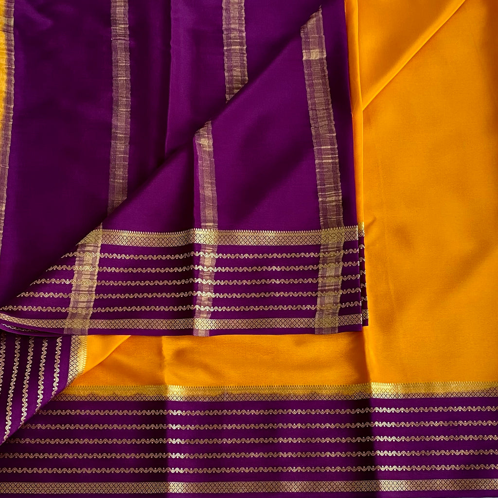 Marigold Yellow Mysore Crepe Silk Saree With Royal Purple Border