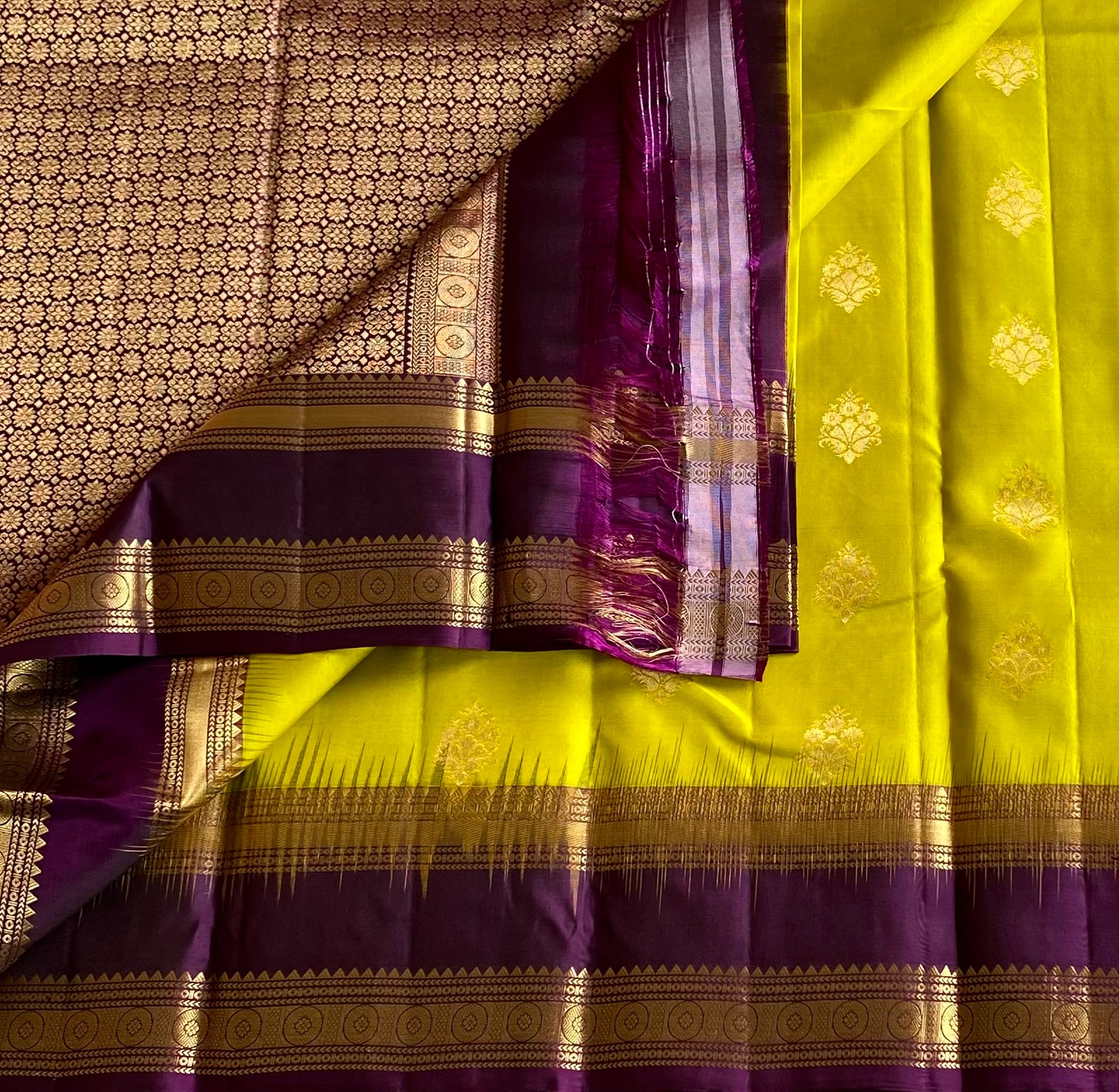 Lime Yellow Silk Saree Plum Purple Gold Woven Border Elegant
