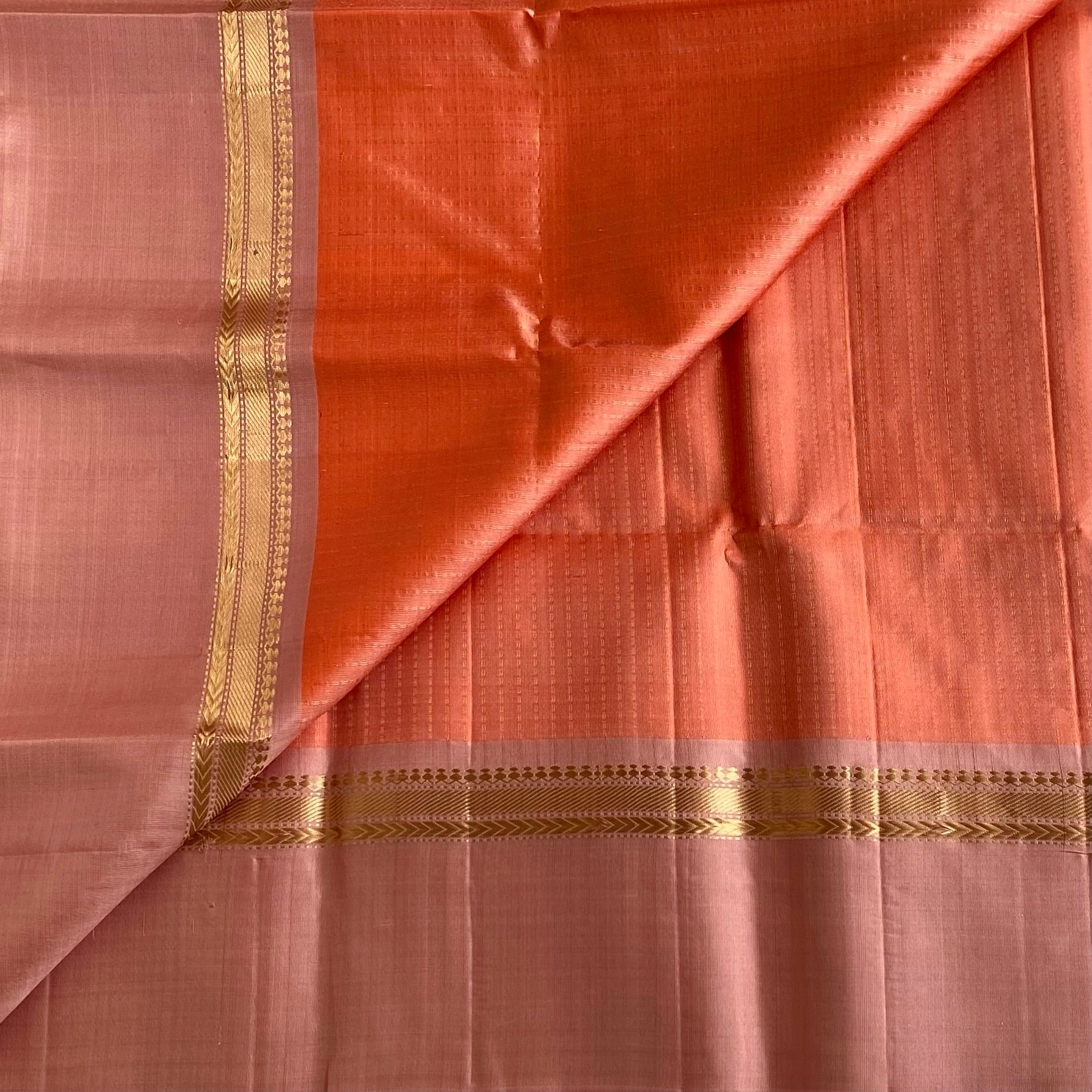 Dusty Peach Designer Pure Silk Saree With Coral Orange Pallu