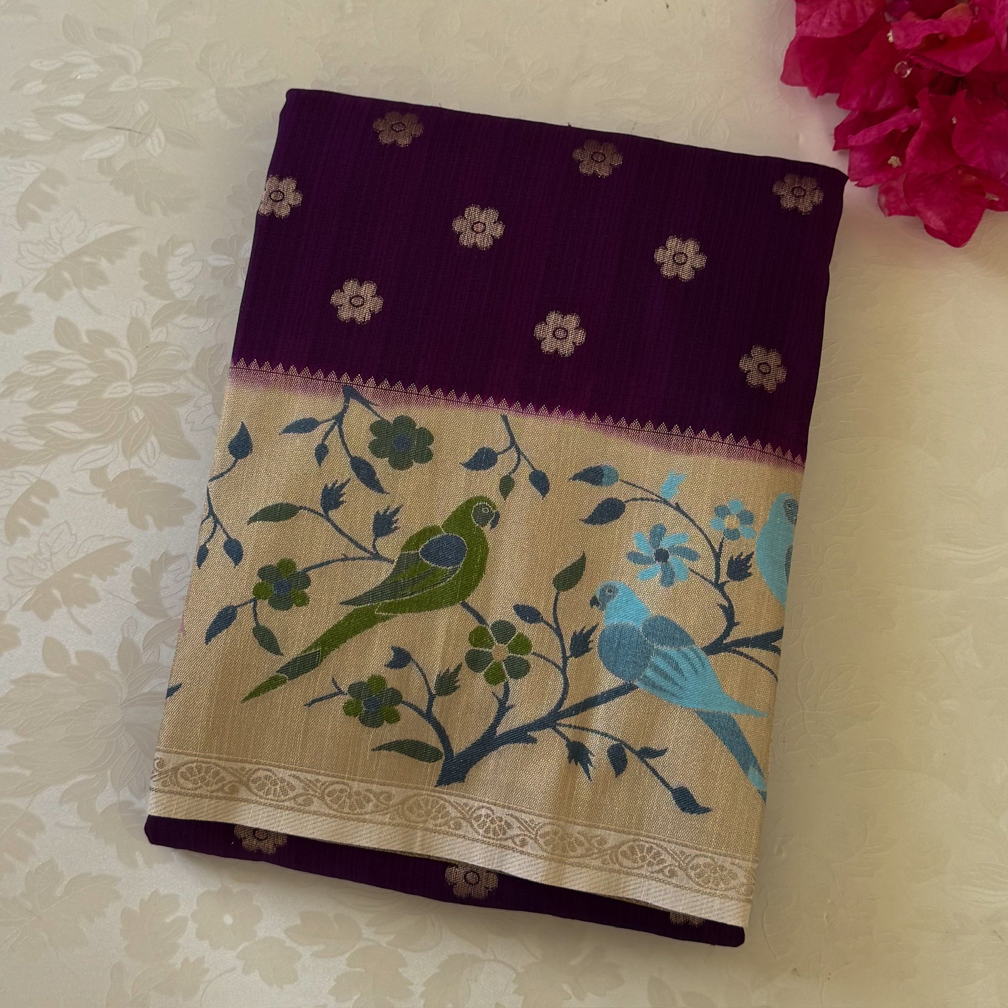 Plum Silk Saree Cream Bird Gold Zari Border Tassel Pallu