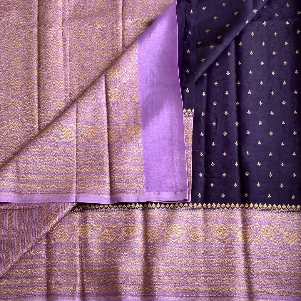 Deep Purple Banarasi Crepe Silk Saree With Lilac Lavender Pallu And Gold Brocade