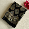 Jet Black Ajrakh Handblock Designer Pure Silk Saree With Antique Gold Motifs