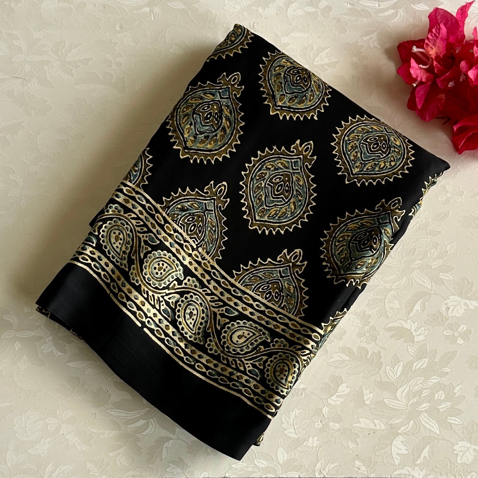 Jet Black Ajrakh Handblock Designer Pure Silk Saree With Antique Gold Motifs