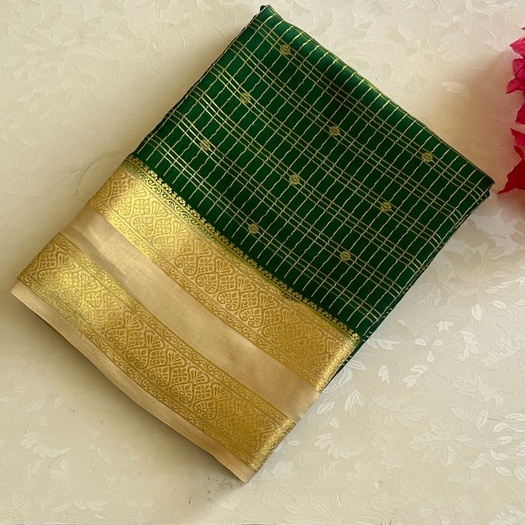 Emerald Green Silk Saree Gold Checks Cream Border Festive Wear