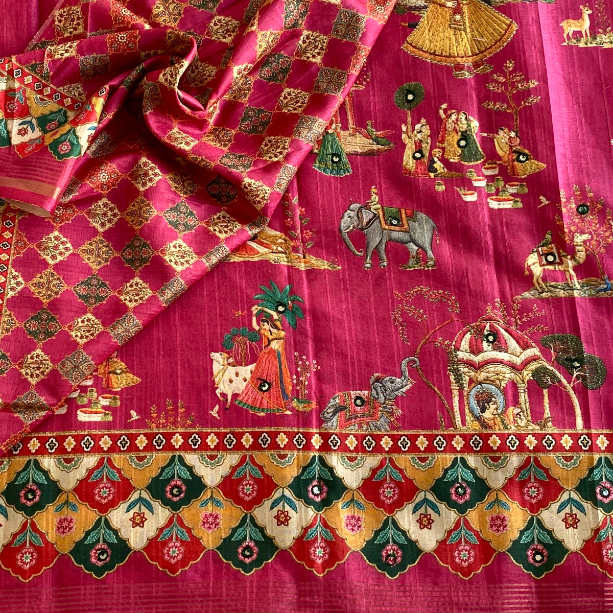 Rose Pink Designer Soft Printed Tussar Saree Mustard Yellow & Mirror Work