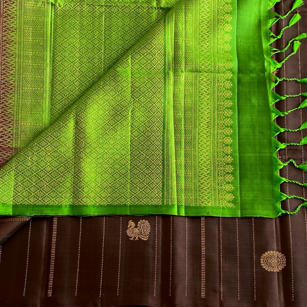 Metallic Chocolate Brown Designer Pure Silk Saree With Parrot Green Pallu