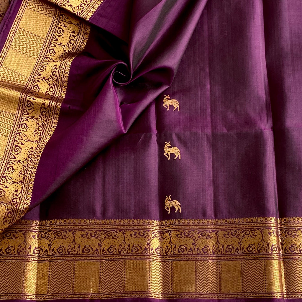 Deep Wine Purple Designer Pure Silk Saree With Antique Gold Zari Motifs